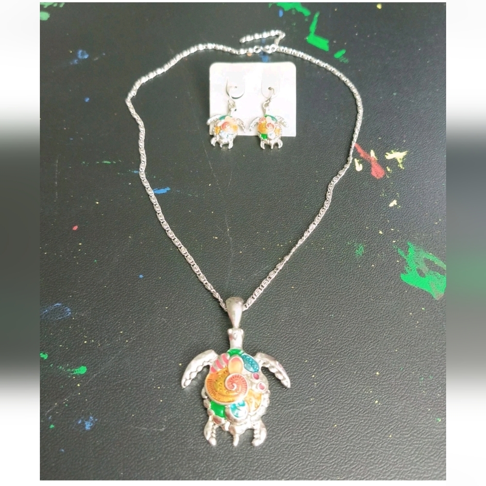 Sea Turtle Matching Set Necklace Pierced Dangle Earrings Silver metal and enamel